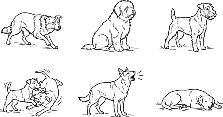 Dog Breed Sketch Set with Border Collie, Sheepdog, Terrier, Playing Puppies, Barking Husky, and Sleeping Dog for Pet and Animal Design Projects © Lcpl