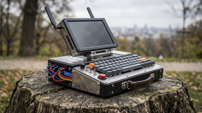 Robust Portable Cyberdeck with Antennas Sitting on a Tree Stump in an Outdoor Natural Setting.