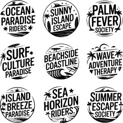 Obraz premium Group of circular graphic elements featuring beach and surf-related sayings like 'Palm Fever Society' and 'Wave Adventure Therapy' for design use.