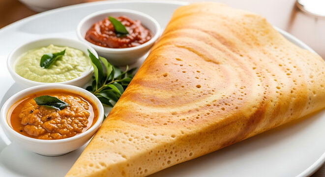 Dosa served on a white plate with various chutneys and sambar in a restaurant setting.
