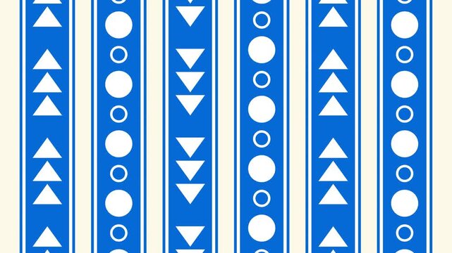 Seamless loop animation of an abstract pattern with white geometric circle and triangle objects moving up and down dynamically on a solid blue background layout