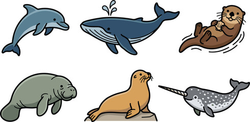 Cute Marine Mammals Cartoon Character Set Featuring Dolphin Whale Sea Otter Manatee Seal and Narwhal Vector Illustrations for Kids and Educational Designs © Lcpl