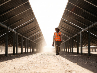 Fototapeta premium Renewable Energy Technician Walking Through Utility Scale Solar Panel Facility