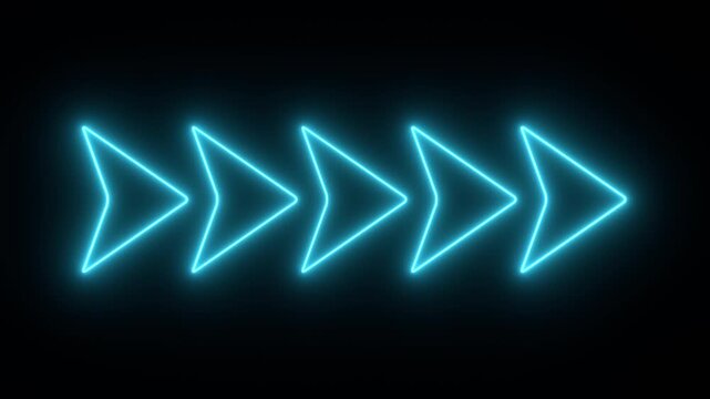 Arrows in neon light, blue illuminated, arrows point to the right. The arrows move forward, in an endless loop. Direction, pointing at something, right hand, orientation.