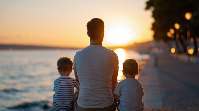 Father and sons enjoy scenic sunset evening by the ocean water family time