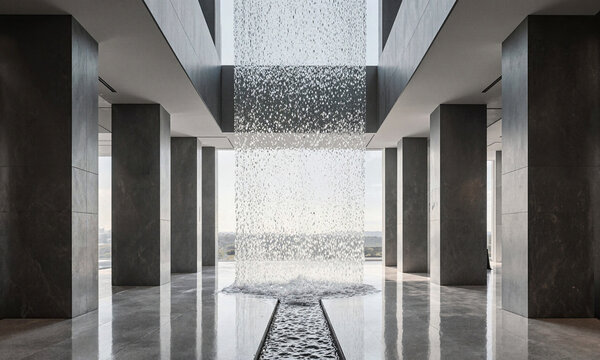 Waterfall luxury architecture features a dramatic water curtain falling from the ceiling in a modern grey lobby or elegant hotel