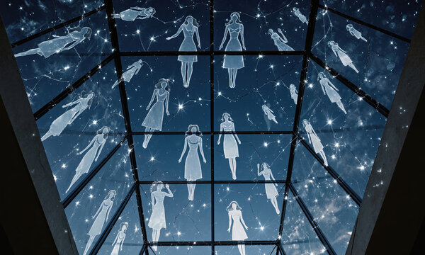 A broken glass ceiling turning into a sky of glowing constellations shaped like women leaders, upward telephoto angle with HDR