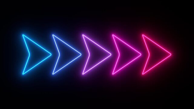Arrows in neon light, illuminated in blue,  purple and pink, arrows point to the right. The arrows move forward, in an endless loop. Direction, pointing at something, right hand, orientation. 