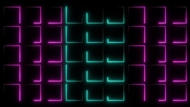 Neon light illuminated square pattern in cyan and pink. The neon light moves around the shape of the box.