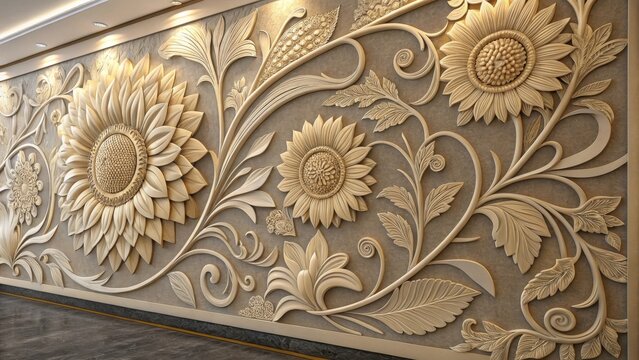 Intricate 3d basrelief floral pattern with sunflowers and leaves