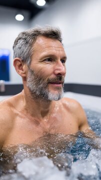 Mature man in ice plunge pool undergoing cold therapy and recovery wellness portrait for spa and medical rehabilitation marketing