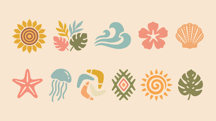 Retro summer beach icons set with sun, waves, shell, starfish, monstera leaf, hibiscus flower, and jellyfish in boho style © Prime Creative