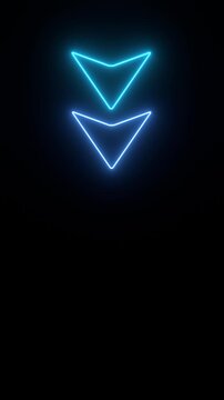 Arrows in neon light, illuminated in blue, purple, and pink, point downward. The arrows moving down, in an endless loop. Direction, pointing at something, below, hand, orientation. 
