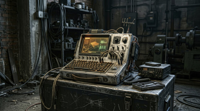 Vintage Gritty Cyberdeck in Dystopian Workshop with Analog Displays and Wires