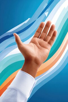 Outstretched hand reaching forward with colorful abstract waves for help, support and connection