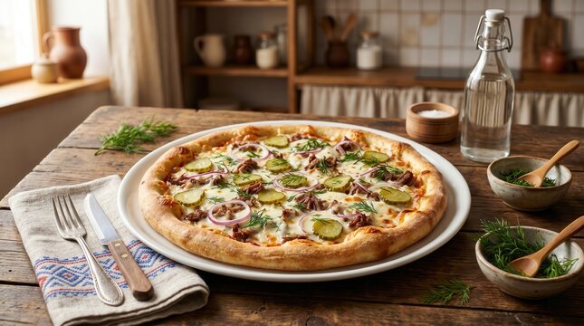 Pizza in stile russo con cetriolini e aneto fresco su tavola rustica in legno. Generative AI 