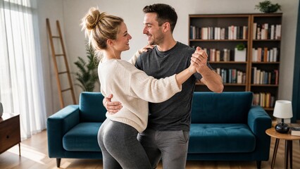 Obraz premium Romantic Young Couple Dancing Together in Living Room at Home