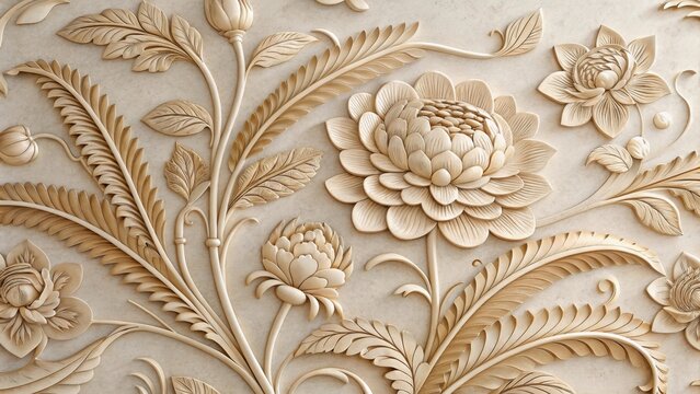 Intricate floral basrelief carving in beige stone, detailed