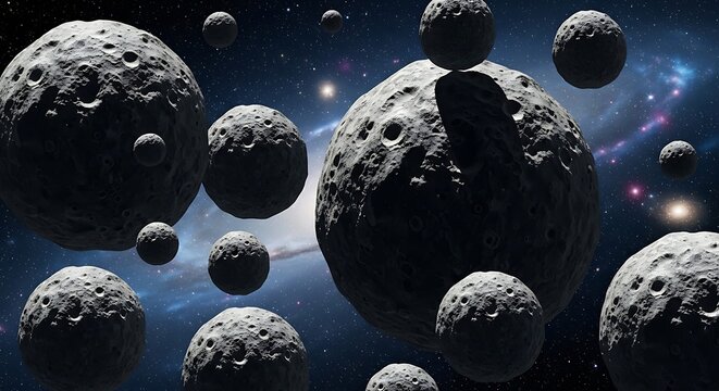 Asteroids floating in deep space with stars and nebula. astroid belt 