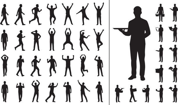 Collection of active people and service worker silhouettes in walking, dancing and delivery poses isolated on white background for lifestyle design