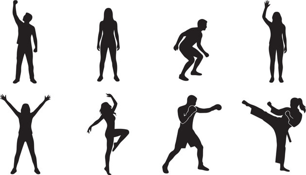 Collection of active people silhouettes in dancing, boxing and martial arts poses isolated on white background for fitness and sports design