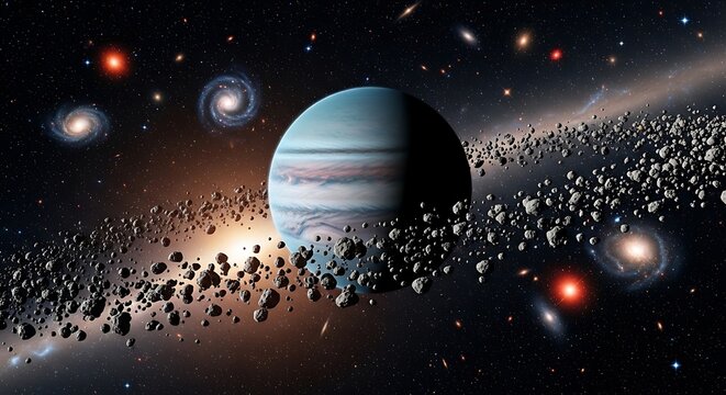 Planet with asteroid belt and distant galaxies in deep space.astroid belt 