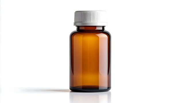 Isolated amber glass bottle with white screw cap, studio shot