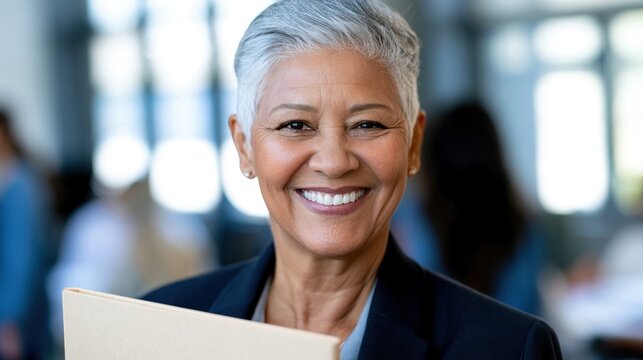 Smiling senior professional woman headshot holding folder in modern office environment for corporate profile portrait and business banner