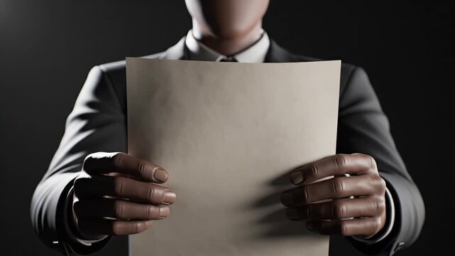 Faceless businessman in suit holding blank document sheet. 4k video