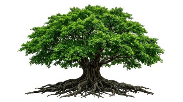 Majestic oak tree with lush green foliage, ancient banyan tree with sprawling roots, large deciduous tree for landscape design and environmental concepts isolated PNG with Transparent Background