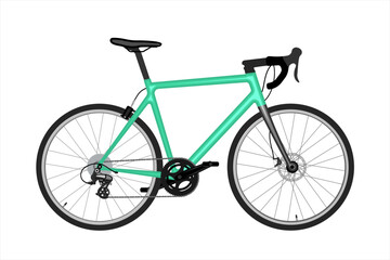 Fototapeta premium Vector illustration of a modern mint green gravel bike with drop bars and disc brakes, isolated on a white background.