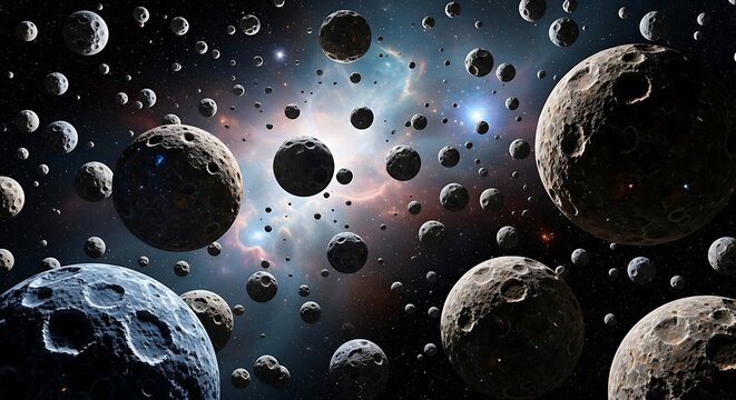 Many asteroids floating in dark outer space with colorful nebulae in background. astroid belt 