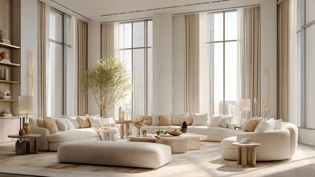 A luxurious and serene living room with soft beige and muted gold accents, large floor-to-ceiling windows letting in soft natural light