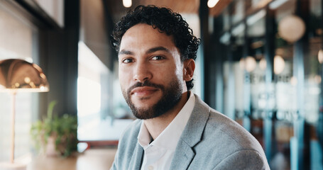 Obraz premium Portrait, business and man with smile at cafe for career pride, about us and real estate agent. Happy, male person and remote work with ambition, positive attitude and property auction at coffee shop