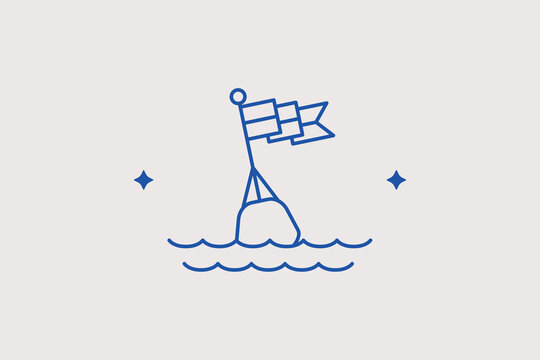 Floating marine buoy with flag line icon for deep sea navigation route boundaries. Clear vector illustration for maritime safety warnings, coast guard control, or sailing maps.