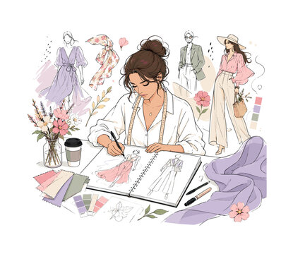 Spring Fashion Sketching. Designer sketching spring outfits in a notebook surrounded by flowing fabric samples, floating flowers and soft sunlight creating a fresh creative atmosphere. Elegant poses,