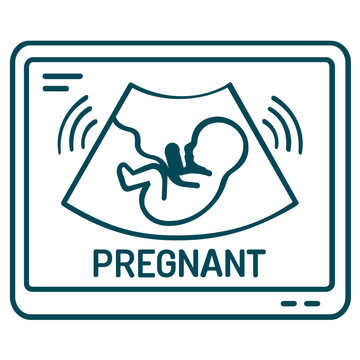 Vector icon illustration of a medical ultrasound screen showing a developing fetus in the womb, representing pregnancy monitoring, prenatal care, and diagnostic imaging in healthcare services.