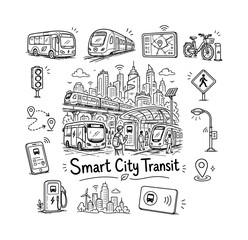 Obraz premium Smart City Transit. Hand-drawn doodle illustration of Smart City Transit. In the middle, one slightly larger central doodle drawing (futuristic public transportation system in a smart city) along with