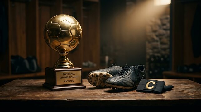 Golden soccer trophy with cleats and captains armband on rustic wooden table