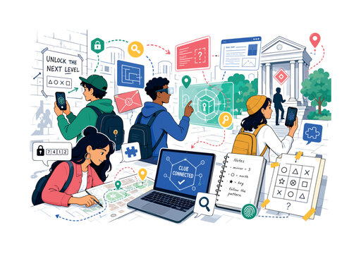 Immersive Puzzle Adventures and Digital Mysteries. Diverse players solving interactive riddles across augmented reality environments, floating key icons and abstract connection lines linking clues