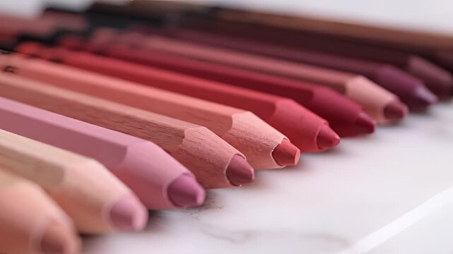 A Collection of Lip Pencils in Various Shades of Pink and Red.