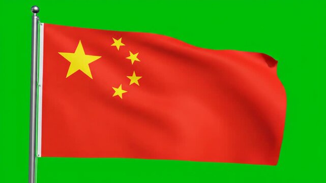 Green Screen Chinese National Flag Waving Gently on Silver Flagpole in Crisp Commercial Lighting