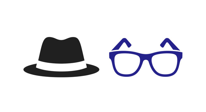 Black fedora hat and blue glasses.