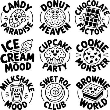 A cheerful assortment of anthropomorphic sweet treats like candy, donuts, chocolate bars, ice cream, cupcakes, cookies, milkshakes, cinnamon rolls, and brownies are displayed in a grid format on a.