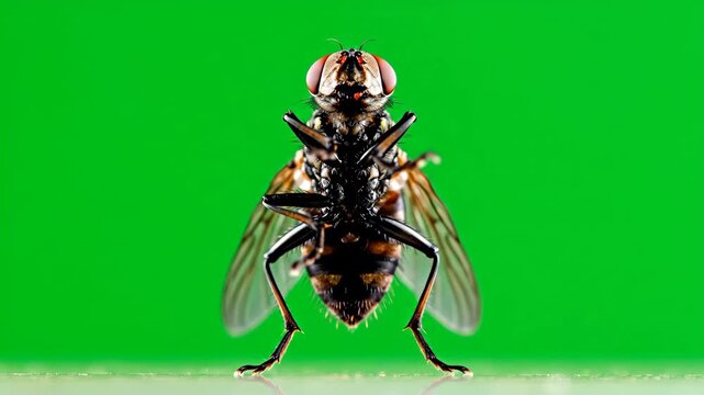 Green Screen Macro Housefly Facing Camera Rearing Back and Taking Off Straight