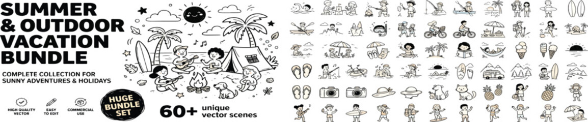 Fototapeta premium Summer and outdoor vacation bundle, 60 unique vector scenes, hand drawn doodle icons for camping and beach holidays