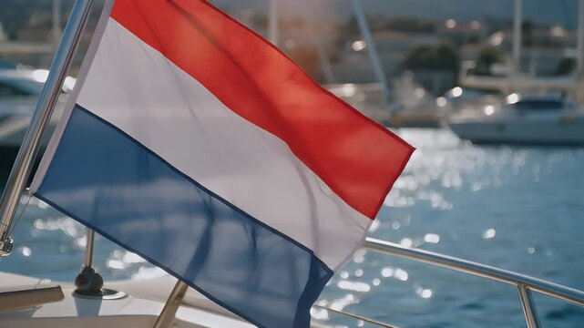 A red and blue flag flutters in the wind against the blue sky as a national symbol on a travel ship near Russia