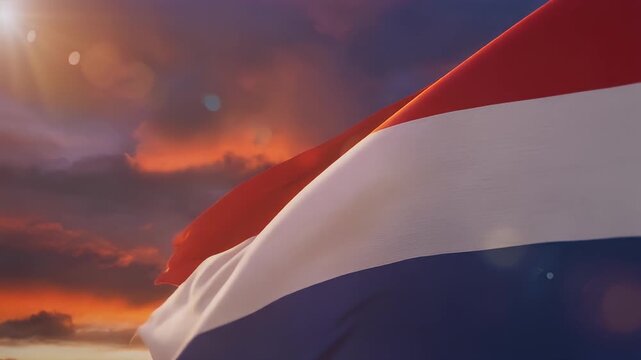 Tents on beach and in desert at sunset with sea sky clouds and sunrise colors and waving national flags in nature landscape