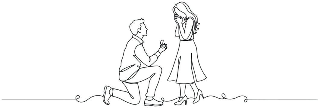 Minimalist continuous one-line drawing of a man kneeling to propose marriage to a surprised woman.