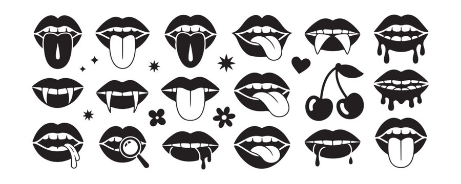 Collection of expressive black mouth silhouettes with tongues and vampire fangs vector clip art.